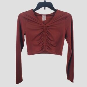 CALIA Womens XS Ruched Rash Guard Swim Top Red Brown Shine Long Sleeve UPF 50